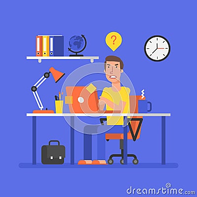Man is sitting at table with computer and ran into problem Vector Illustration