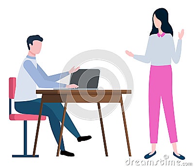 Man Sitting at Table with Notebook, Woman Brokers Vector Illustration