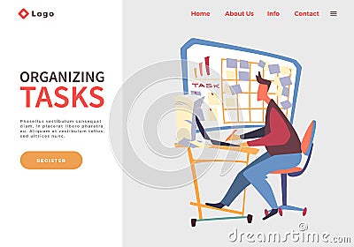 Man sitting at table, using laptop, making paper work near board with work tasks, organizing tasks Vector Illustration