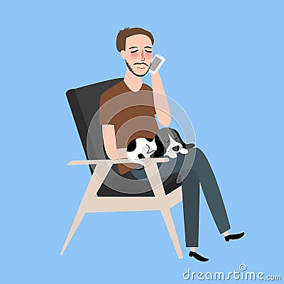 Man sitting together with his cat in vintage chair calling phone Vector Illustration