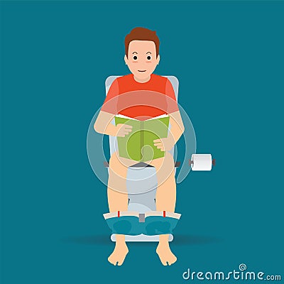 Man sitting on toilet bowl and reading a book. Vector Illustration