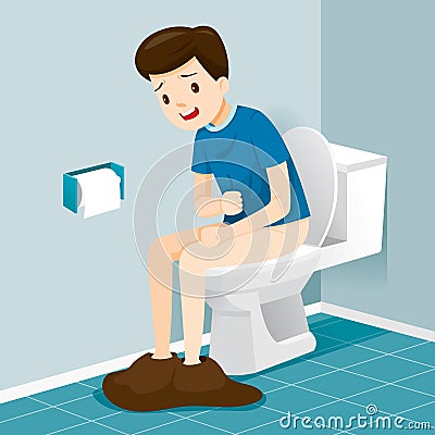 Man Sitting On Toilet, Suffering of Diarrhea And Abdominal Pain Vector Illustration