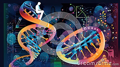 A man sitting on top of a table next to a double - stranded strand of dna. AI generative image. Stock Photo