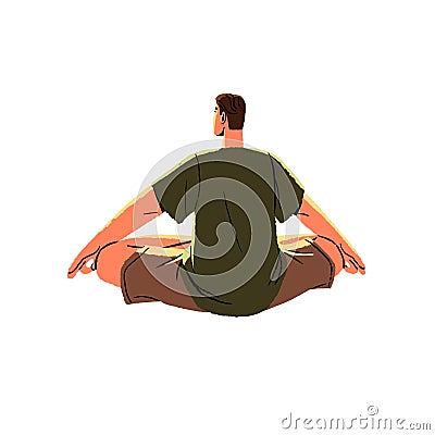 Man sitting in yoga asana, lotus pose back view. Person relax, rest in retreat, care about mind, mental wellness Vector Illustration