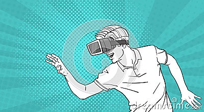 Man Sketch Wear Goggles 3d Glasses Virtual Reality Gesturing Pop Art Style Background Vector Illustration