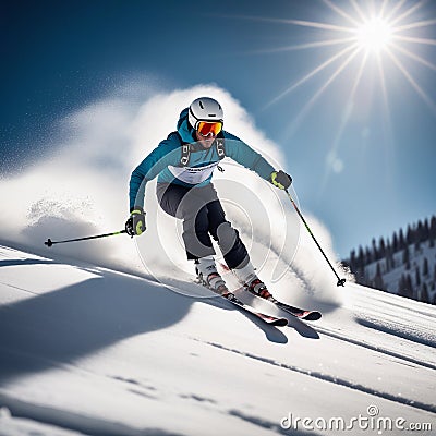 an athlete goes downhill skiing Stock Photo