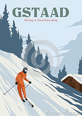 man skiing in gstaad poster vintage illustration design, ski slope ins switzerland poster design Vector Illustration