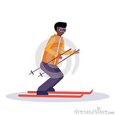 Man skiing sport activities guy wearing goggles ski suit male carton character sportsman on skis full length profile Vector Illustration