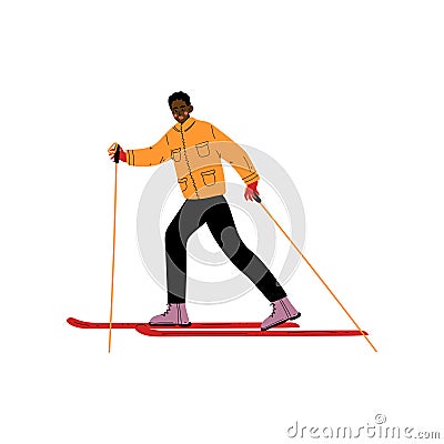 Man on Skis, Male African American Athlete Character Skiing, Winter Sport, Active Healthy Lifestyle Vector Illustration Vector Illustration