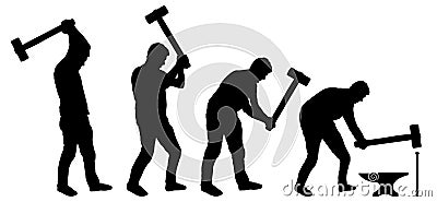 Man with sledgehammer in his hands. Human hits anvil with a hammer. Silhouette vector set Vector Illustration