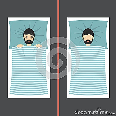 Man with sleep problems and insomnia symptoms versus good sleep man Vector Illustration