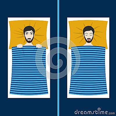 Man with sleep problems and insomnia symptoms versus good sleep man. Vector Illustration