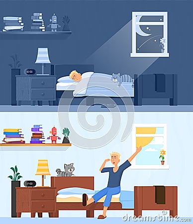 Man sleep and wake up. Awake early morning, guy sitting and stretching in bed. Happy day start, healthy rest at night Vector Illustration