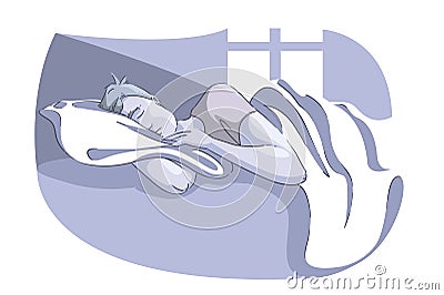 Man sleeping on comfy pillow in morning Vector Illustration