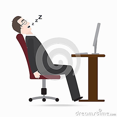 Man sleeping front of computer on work table blue icon Vector Illustration