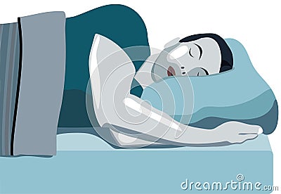 Man sleeping with head on pillow, bed and mattress. Sleep well. Rest Vector Illustration