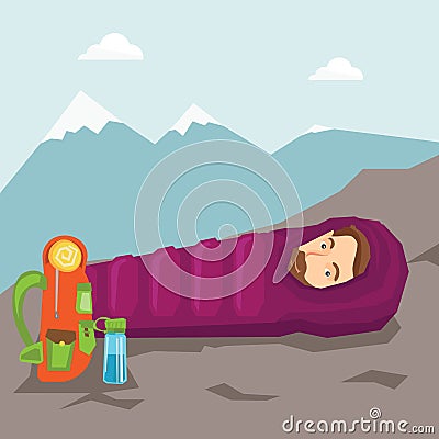 Man sleeping in sleeping bag in the mountains. Vector Illustration