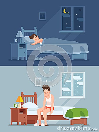 Man sleeping under duvet at night, waking up morning with bed hair and feeling sleepy. Sleep disorder cartoon vector Vector Illustration