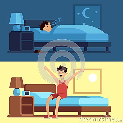 Man sleeping waking up. Person under duvet at night and getting out of bed morning. Peacefully sleep in comfy mattress Vector Illustration