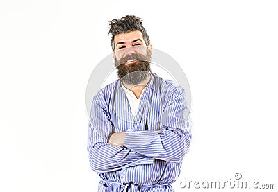 Man with sleepy happy face on white background Stock Photo