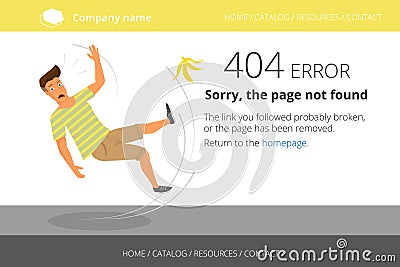 Man slipped on a banana. Page not found Error 404 Vector Illustration