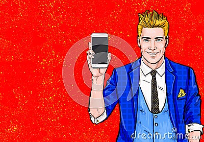Man with smartphone in the hand in comic style.Man with phone. Man showing mobile phone.Digital advertisement. Iphone, cellphone, Stock Photo