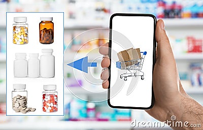 Man with smartphone ordering medications online Stock Photo