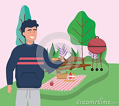 Man with smartphone table grill food blanket picnic Vector Illustration