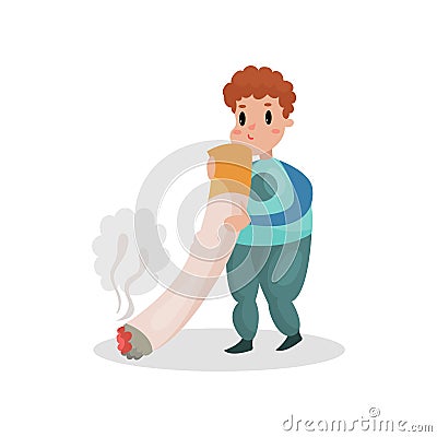 Man smoking giant cigarette, harmful habit and addiction cartoon vector Illustration Vector Illustration