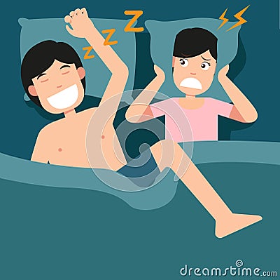 Man snoring and woman can not sleep,Sleeping problems,Unhealthy Vector Illustration