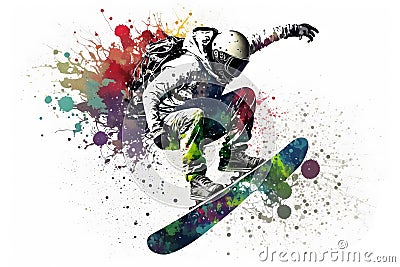 Man snowboarder jump on snowboard with rainbown watercolor splash on white background. Neural network generated Stock Photo