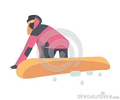 Man Snowboarding in Mountains, Snowboarder Character Dressed in Winter Clothing in Jump, Back View, Extreme Sport Vector Illustration