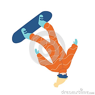 Man in snowsuit performing snowboard trick. Guy in seasonal sportswear practicing freestyle or slopestyle snowboarding Vector Illustration