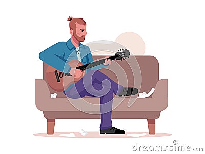 Man on sofa playing on string guitar compose songs Vector Illustration