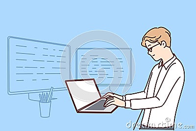 Man software developer is standing at table with laptop and monitors creating server applications Vector Illustration