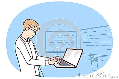 Man software developer is standing at table with laptop and monitors creating server applications Vector Illustration