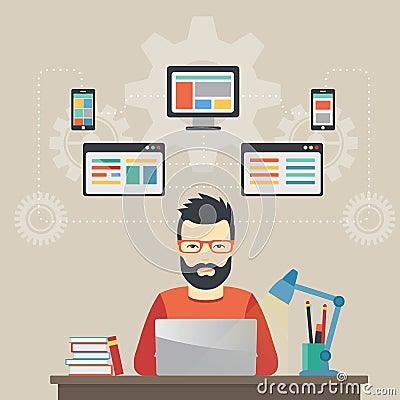 Man software engineer concept with design, optimization, responsive and developer solutions. Vector Illustration