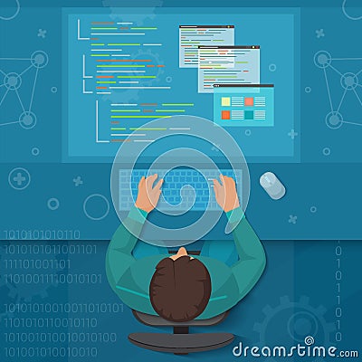 Man software engineer concept with design, optimization, responsive and developer solutions. Coder top view virtual Vector Illustration