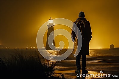 Man Solitude at the Lighthouse. Generative AI Stock Photo