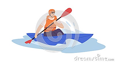 Man in solo canoe rowing with paddle on water. Person in helmet and life vest riding boat with oar on river. Extreme Vector Illustration