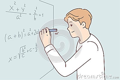 Man solves complex mathematical problems by completing tasks of university teacher. Vector image Vector Illustration