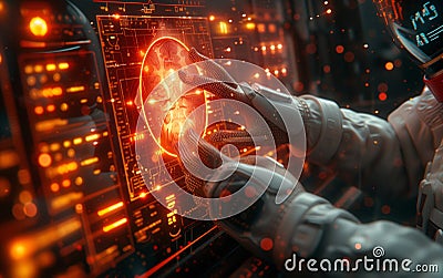 A man in a space suit interacts with a futuristic computer screen Stock Photo