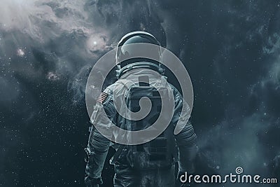 A man in a space suit is standing in front of a star Stock Photo