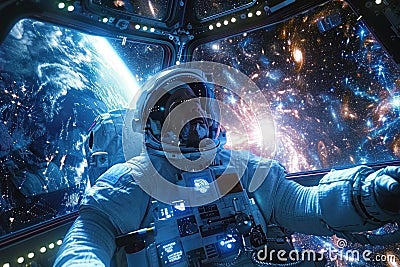 A man in a spacesuit is piloting a spaceship through space Stock Photo