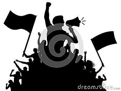 Man is a speaker with a loudspeaker. Crowd of people with flags, silhouette vector Vector Illustration