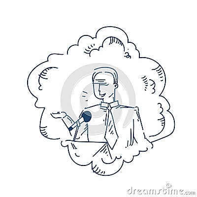 Man speaker microphone toastmaster speech at conference over white background sketch doodle Vector Illustration