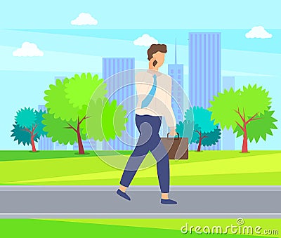 Man Speaking on Telephone, Person in Park. Vector Vector Illustration