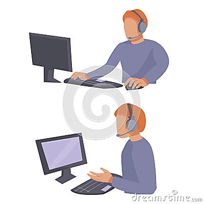 Man speaks into a microphone in front of a computer: side and front. service center employee. online help. vector flat. Vector Illustration