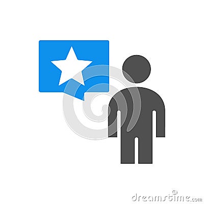 Man with speech bubble and star colored icon. Review, feedback, comment, customer satisfaction symbol Vector Illustration