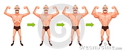 Man before and after sport. Cartoon sporty guy. Pumping muscles process. Weight gain stages and body building. Thin and Vector Illustration